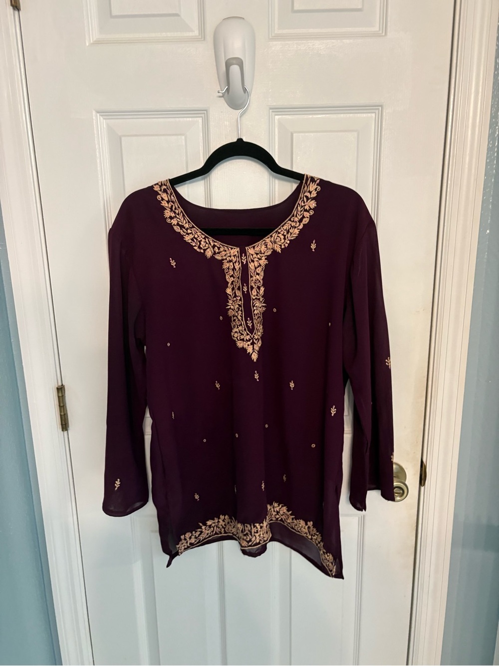Plum Burgundy Embroidered Tunic Blouse Gold Floral Long Sleeve Top
Description:
